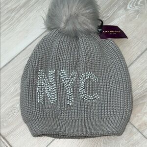 Gray Knit Beanie with NYC Embellishment